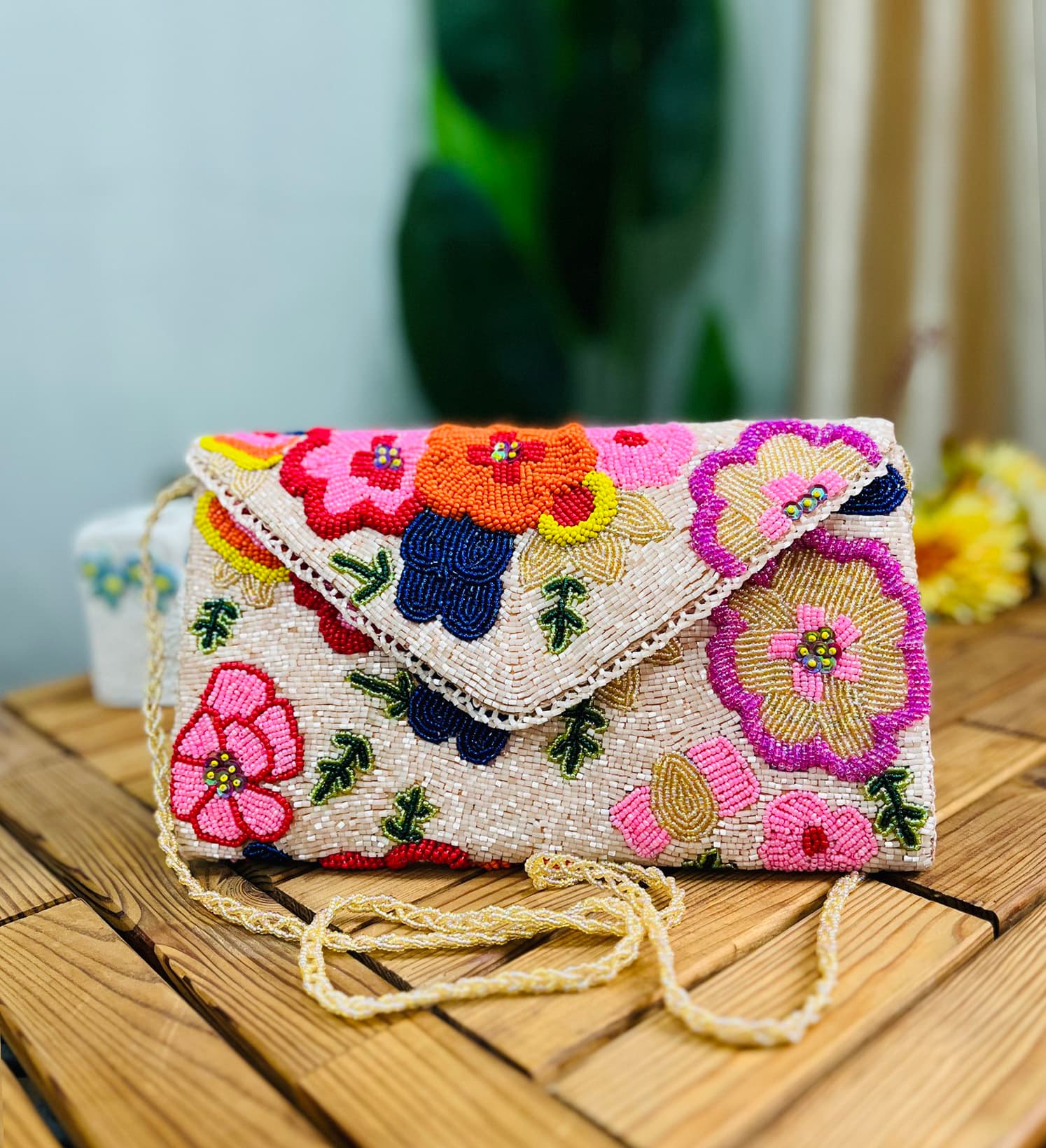 Floral Blossom Artisan Hand-Beaded Envelope Clutch by Zara Label