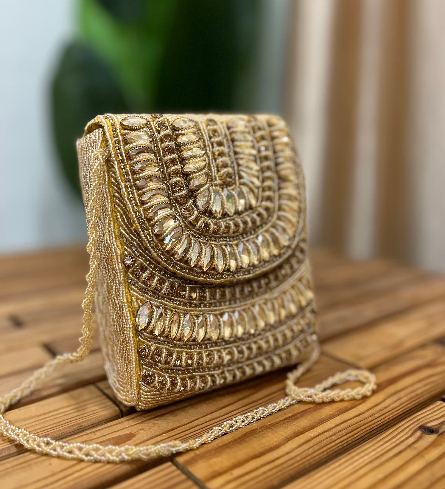 Golden Artisan Crystal & Beaded Statement Clutch by Zara Label