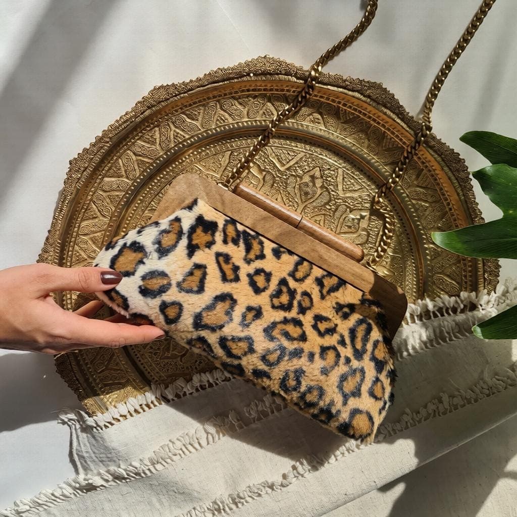 Leopard Faux Fur Clutch – Walnut Wood Frame