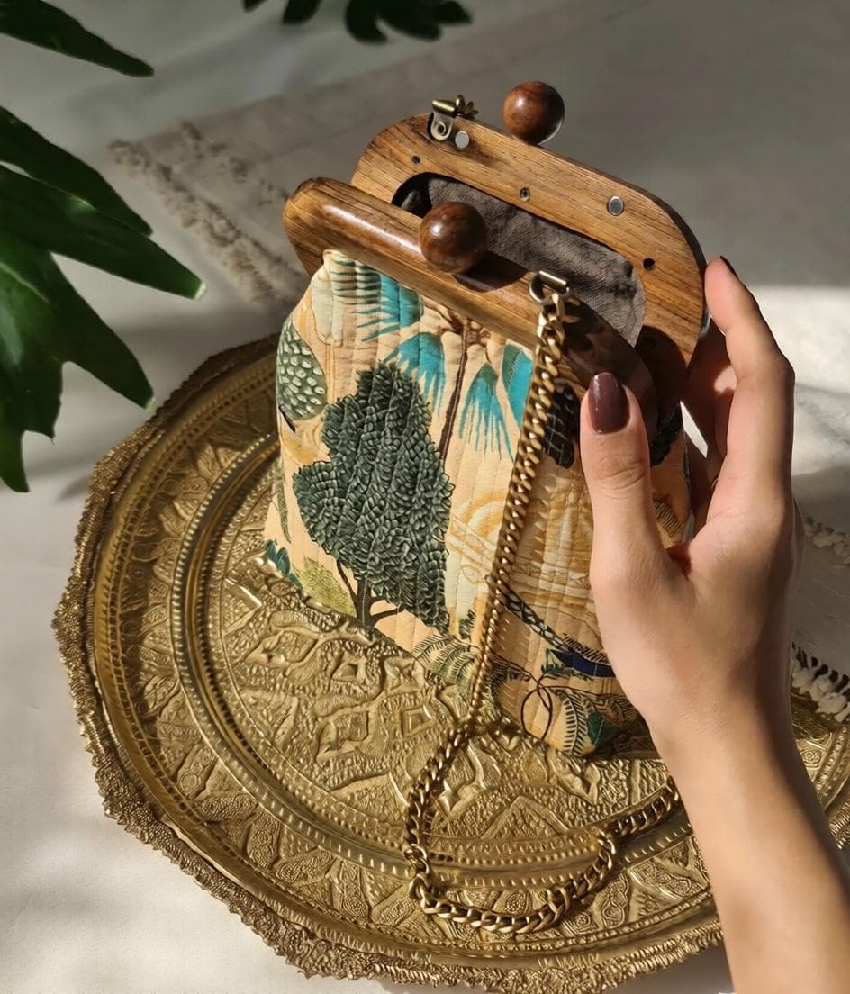 Peacock Embroidery Handbag – Walnut Wood Frame