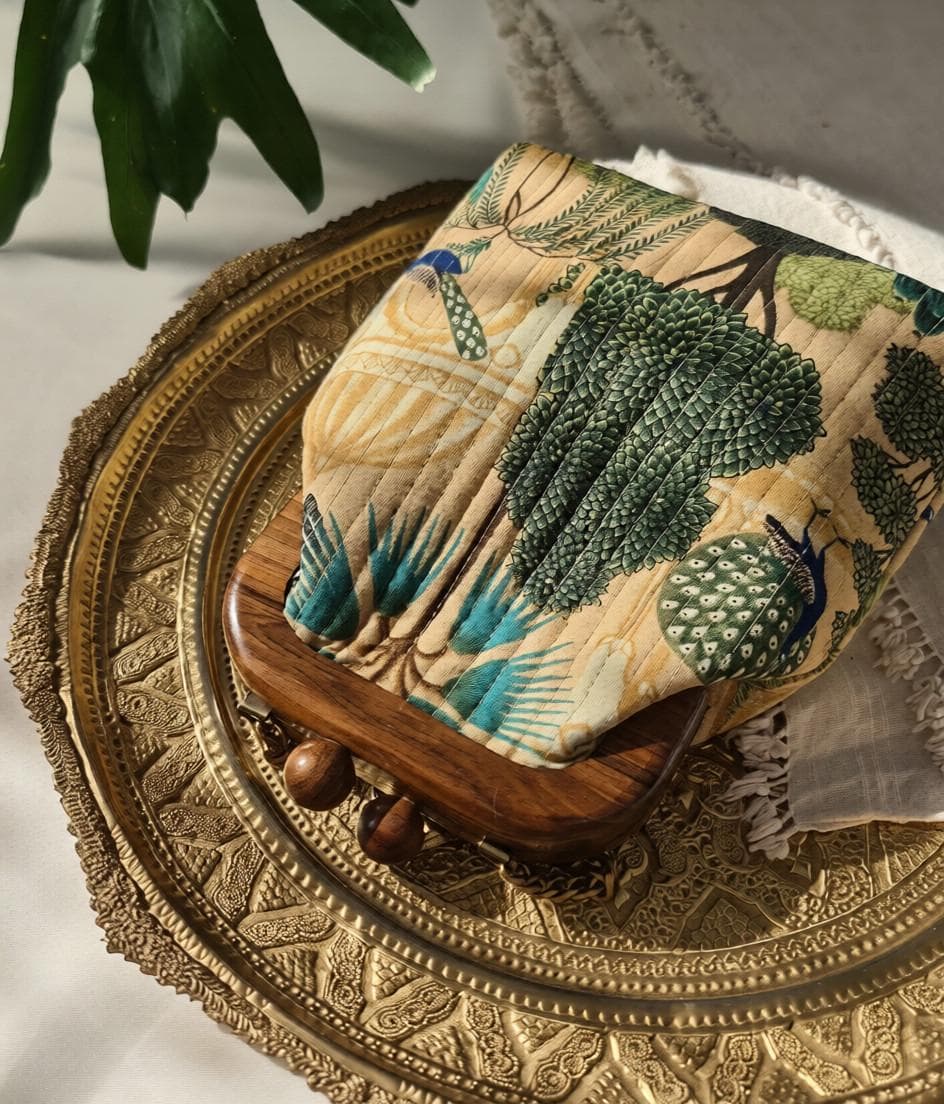 Peacock Embroidery Handbag – Walnut Wood Frame